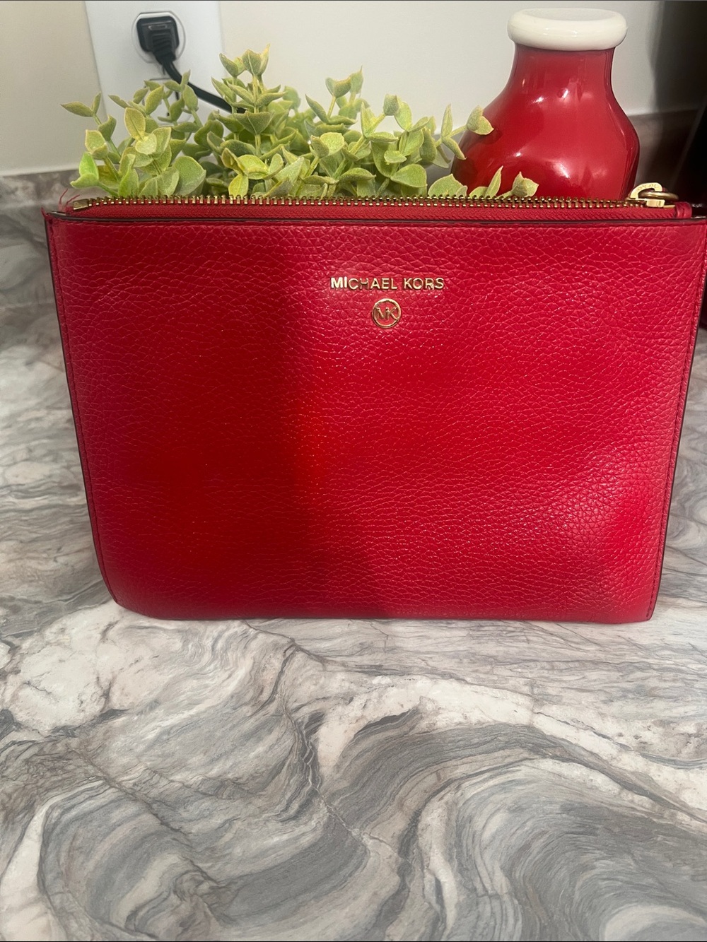 Michael Kors Red Pebbled Leather Zip Pouch with Gold Logo